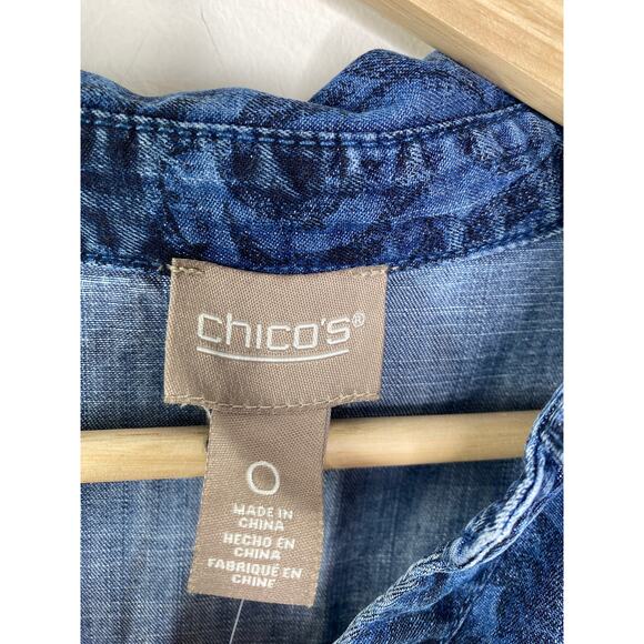 Chico's Blue Chambray Denim Printed Button Down Top Women's Size 0 Small S - Picture 6 of 9